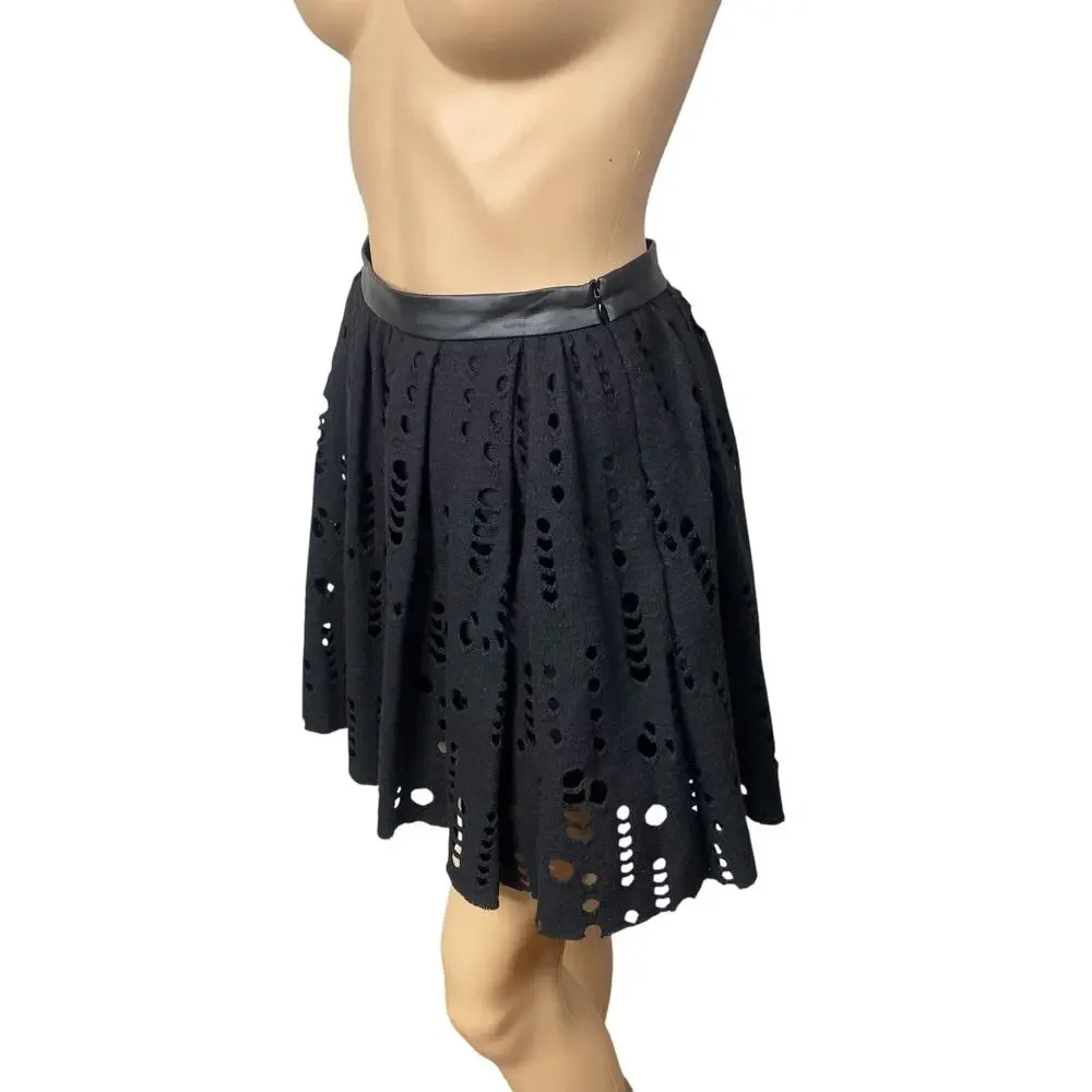 Maje Paris Black Pleated Knit Skirt XS | Laser Cut Perforated Leather Trim Luxe